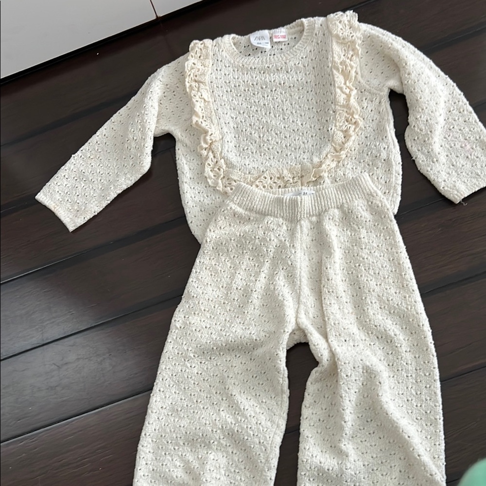 Zara Cream Textured Knit Top with Ruffles